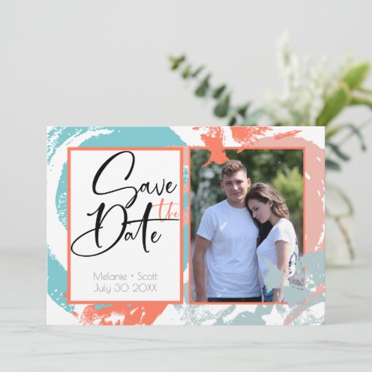 Coral Turquoise Brush Strokes Save the Date Kaart (Staand voorkant)
