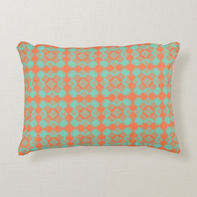 Coral Turquoise Geruite Argyle Patroon Accent Kussen (Voorkant)