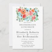Coral Turquoise Paint Flowers Bridesmaids Luncheon Kaart (Voorkant)