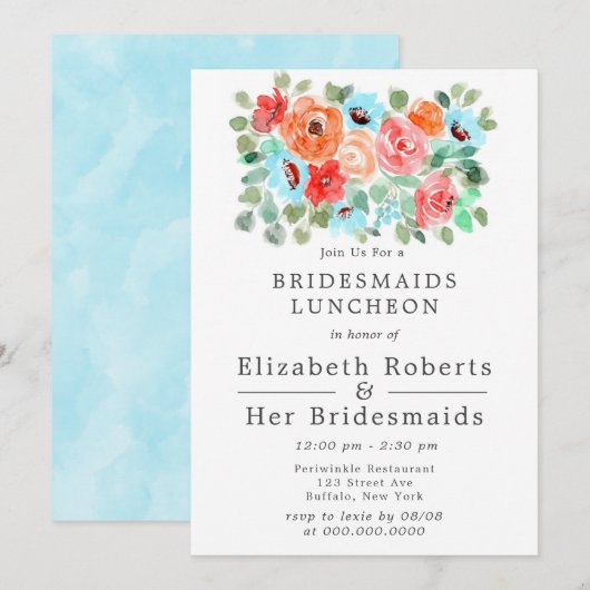 Coral Turquoise Paint Flowers Bridesmaids Luncheon Kaart (Voorkant / Achterkant)
