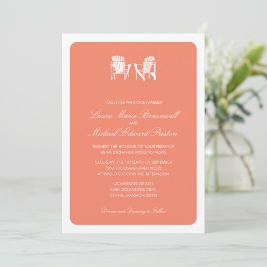 Coral Two Adirondack Beach Chairs Wedding Kaart (Staand voorkant)