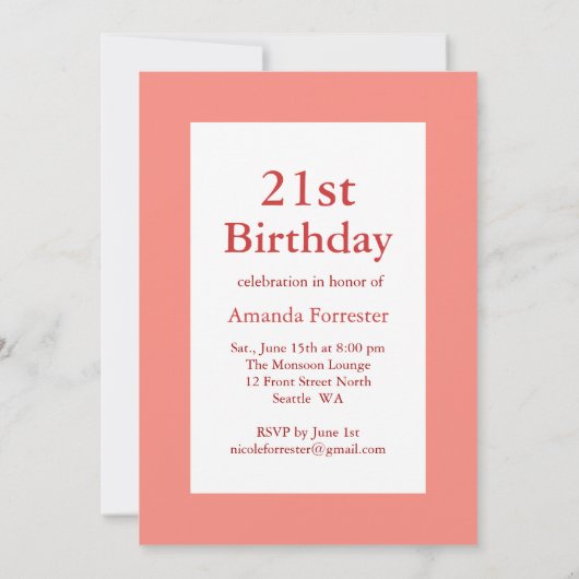 Coral Typography 21st Birthday Invitation Kaart (Achterkant)