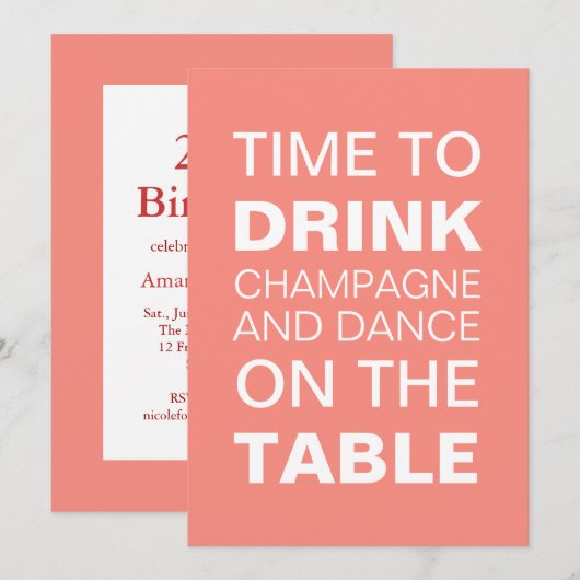 Coral Typography 21st Birthday Invitation Kaart (Voorkant / Achterkant)