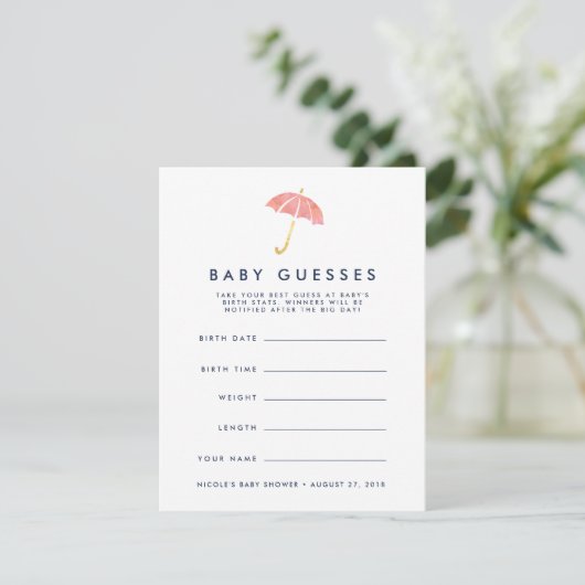 Coral Umbrella Baby shower Guessing spel Kaart (Staand voorkant)