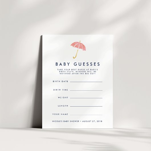 Coral Umbrella Baby shower Guessing spel Kaart