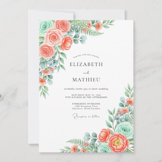 Coral Verdant Blossom Wedding Kaart (Voorkant)