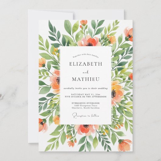 Coral Verdant Floral Wedding Kaart (Voorkant)