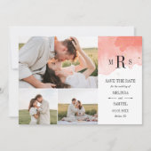 Coral Watercolor Monogram Foto Collage Save The Date (Voorkant)