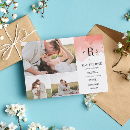 Coral Watercolor Monogram Foto Collage Save The Date