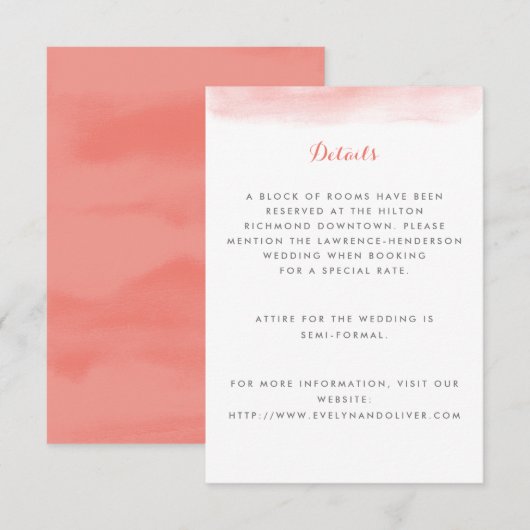 Coral Waterverf Dip Wedding Informatiekaartje (Voorkant / Achterkant)