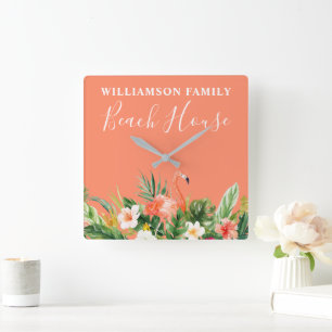 Coral Waterverf Tropical Floral Beach House Vierkante Klok