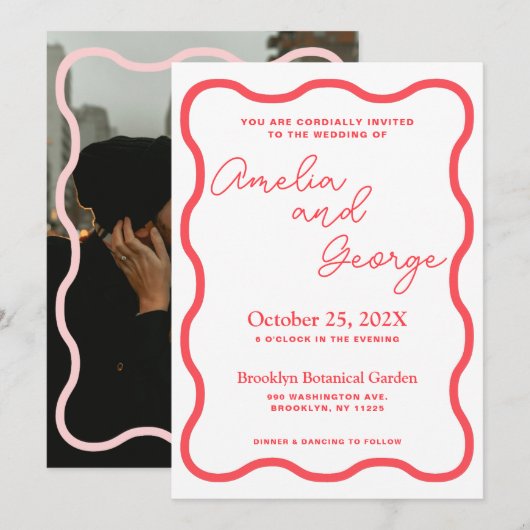 Coral Wavy Retro foto bruiloft uitnodiging (Voorkant / Achterkant)