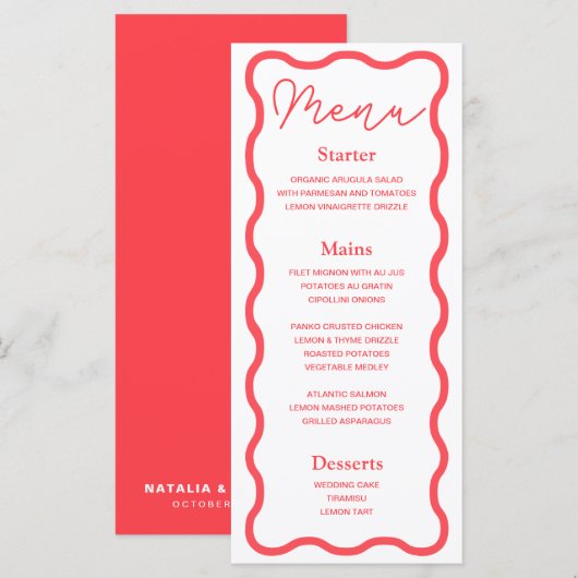 Coral Wavy Retro Wedding Menu (Voorkant / Achterkant)