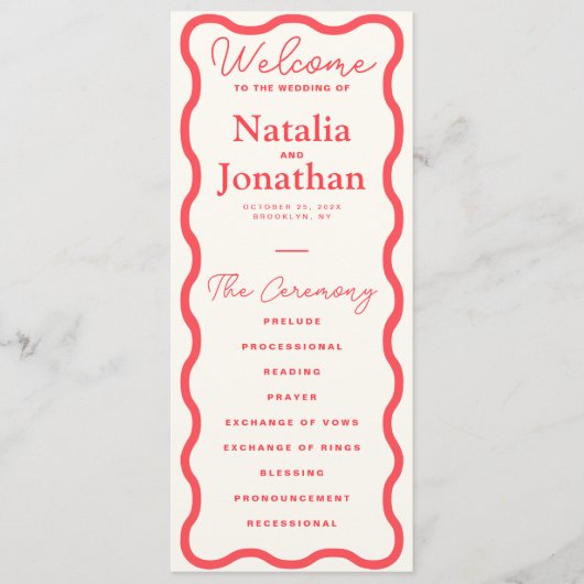Coral Wavy Retro Wedding Programmakaart (Voorkant)