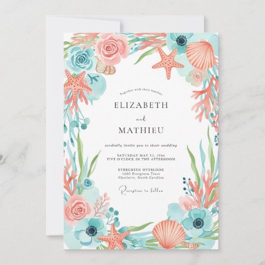 Coral Whimsical Coastal Wedding Kaart (Voorkant)