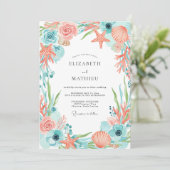 Coral Whimsical Coastal Wedding Kaart (Staand voorkant)