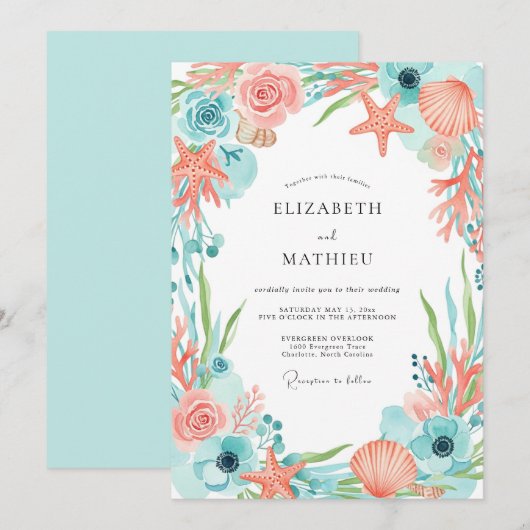 Coral Whimsical Coastal Wedding Kaart (Voorkant / Achterkant)