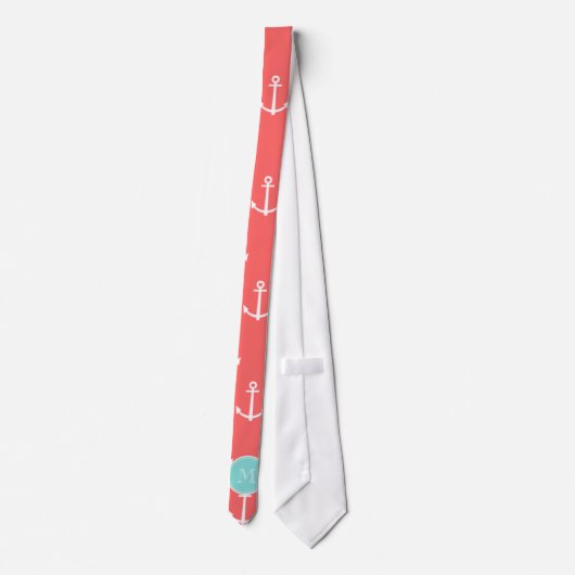 Coral White Anchors Pattern, Mint Green Monogram Stropdas (Achterkant)