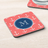 Coral White Anchors Pattern, Navy Blue Monogram Bier Onderzetter (Linkerzijde)