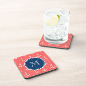Coral White Anchors Pattern, Navy Blue Monogram Bier Onderzetter (Rechterzijde)