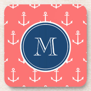 Coral White Anchors Pattern, Navy Blue Monogram Bier Onderzetter
