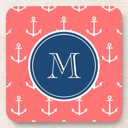 Coral White Anchors Pattern, Navy Blue Monogram Bier Onderzetter (Voorkant)