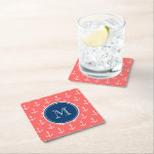 Coral White Anchors Pattern, Navy Blue Monogram Kartonnen Onderzetters (Insitu)
