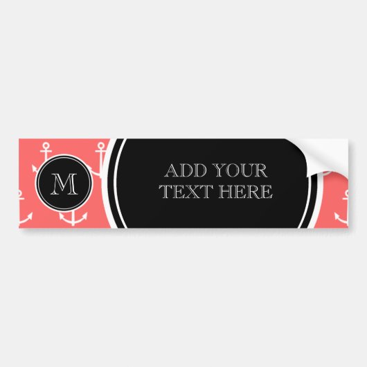 Coral White Anchors Pattern, zwart Monogram Bumpersticker (Voorkant)