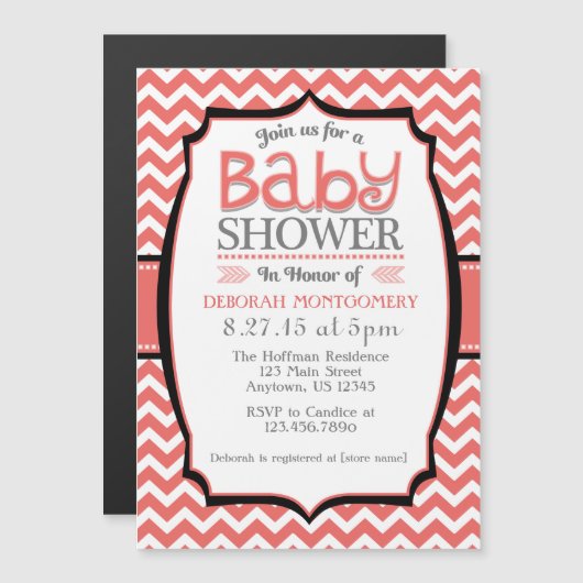 Coral White Chevron Magnetic Baby shower Invite Magnetische Uitnodiging (Voorkant / Achterkant)