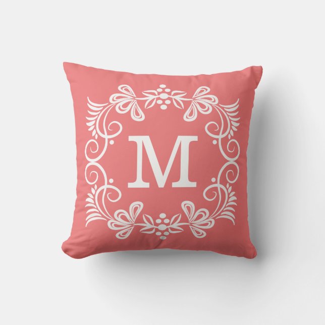 Coral White Custom Monogram Decoratief Kussen (Voorkant)