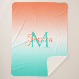 Coral White en Turquoise Ombre Monogrammed Sherpa Deken