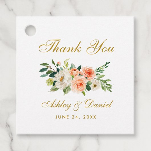 Coral White Floral Gold Weddenschap Bedankt Bedankjes Labels (Voorkant)