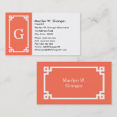 Coral White Greek Key Lijst #2 Initiaal Monogram Visitekaartje (Voorkant / Achterkant)