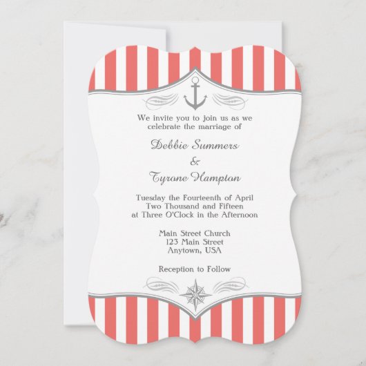 Coral White Grey Nautical Wedding Invitation Kaart (Voorkant)