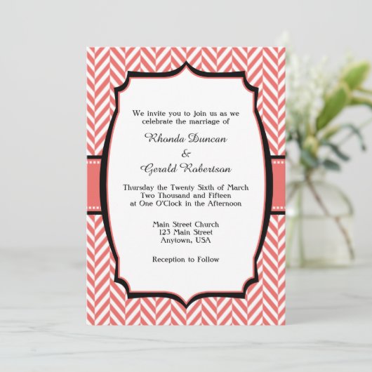 Coral White Herringbone Wedding Invitation Kaart (Staand voorkant)