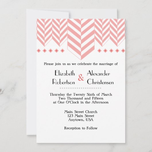Coral White Herringbone Wedding Invitation Kaart (Voorkant)