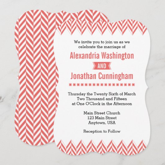 Coral White Herringbone Wedding Invitation Kaart (Voorkant / Achterkant)