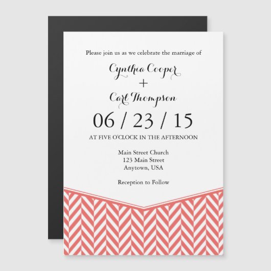Coral White Magnetic Herringbone Wedding Invite Magnetische Uitnodiging (Voorkant / Achterkant)