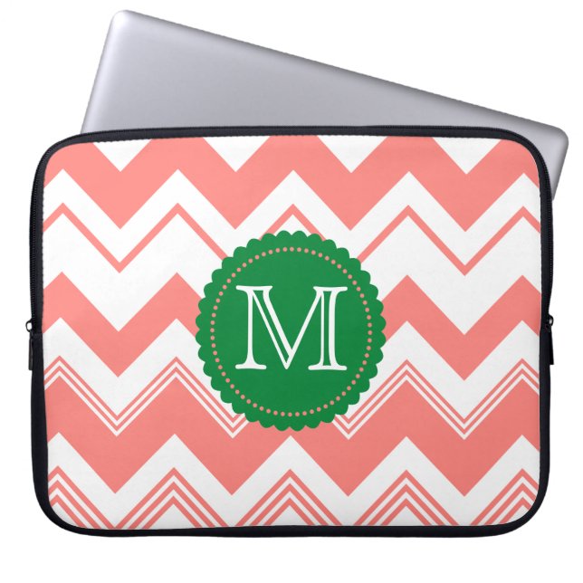 Coral White Monogram Chevron Pattern Laptop Sleeve (Voorkant)