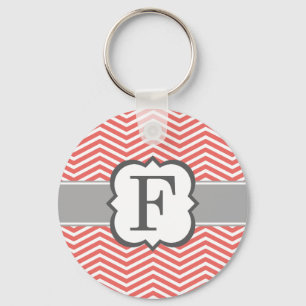 Coral White Monogram Letter F Chevron Sleutelhanger