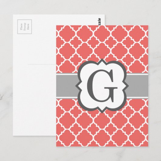 Coral White Monogram Letter G Quatrefoil Briefkaart (Voorkant / Achterkant)