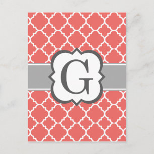 Coral White Monogram Letter G Quatrefoil Briefkaart