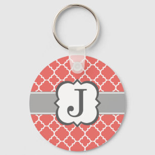 Coral White Monogram Letter J Quatrefoil Sleutelhanger