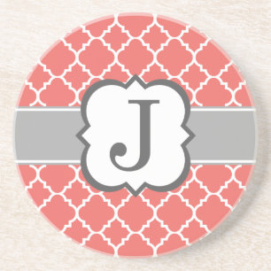 Coral White Monogram Letter J Quatrefoil Zandsteen Onderzetter
