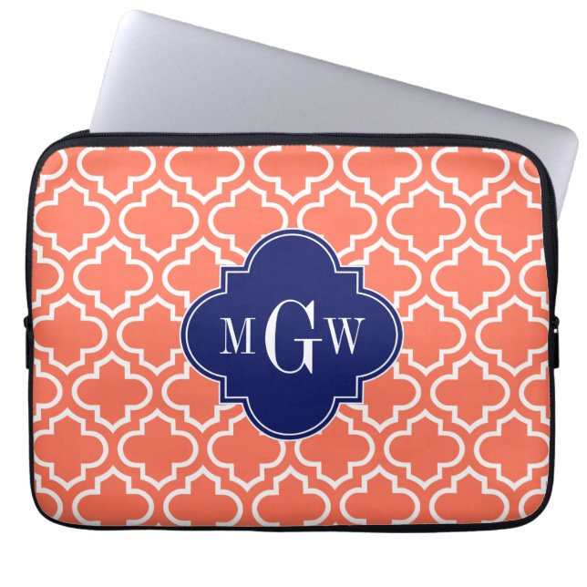 Coral White Moroccan #6 Navy 3 Initiaal Monogram Laptop Sleeve (Voorkant)