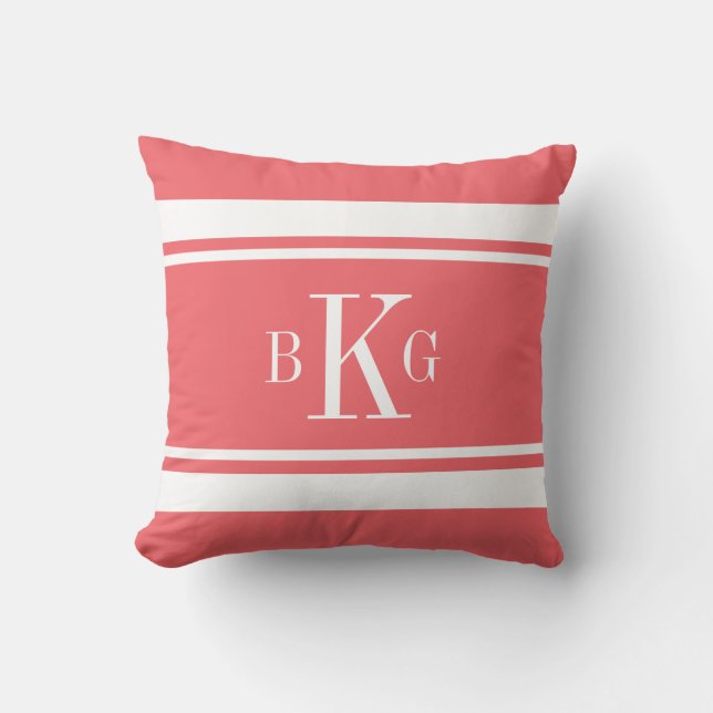 Coral White Nautical Stripes Custom Monogram Kussen (Voorkant)
