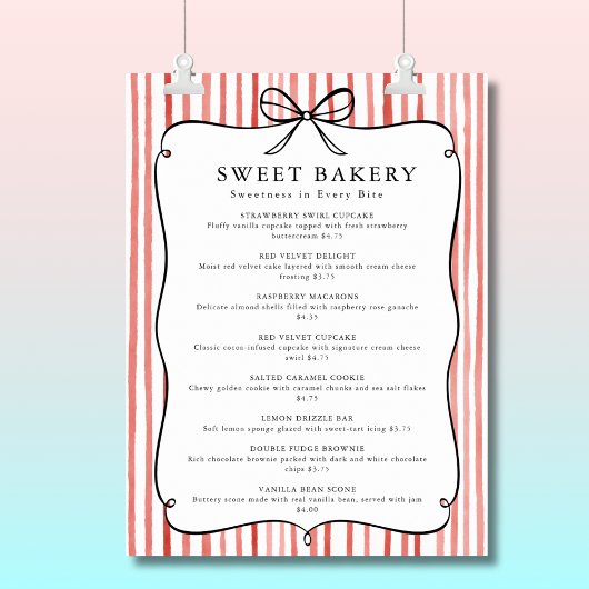 Coral White Stripe Vintage Bow Price List Poster