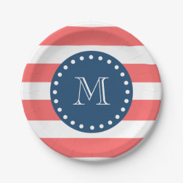 Coral White Stripes Pattern, Navy Blue Monogram Papieren Bordje