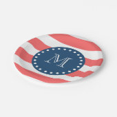 Coral White Stripes Pattern, Navy Blue Monogram Papieren Bordje (Gekanteld)