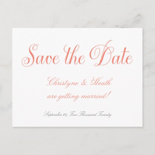 Coral & White Wedding Elegant Save Date Briefkaart (Voorkant)